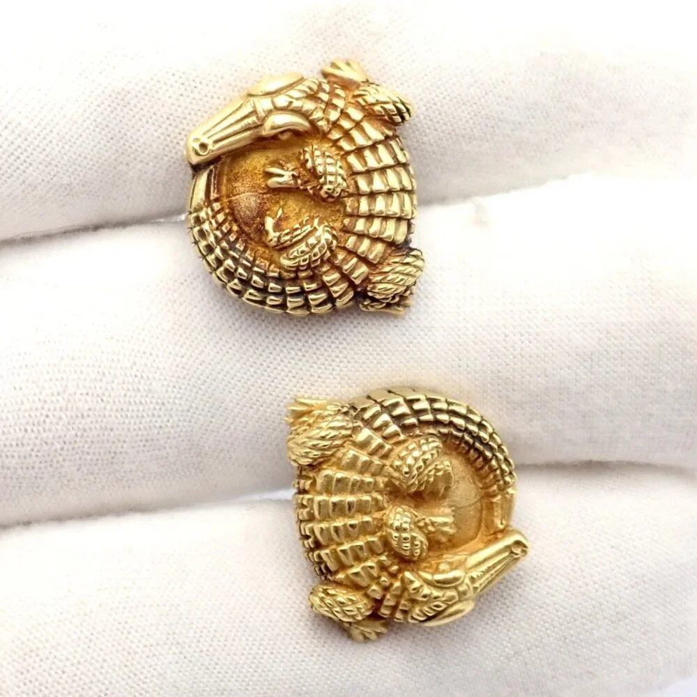 Rare! Vintage Kieselstein Cord 18k Yellow Gold Coiled Alligator Cufflinks 1980